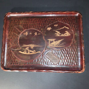 Vintage Brown Wooden Tray with Japanese Scenery Design